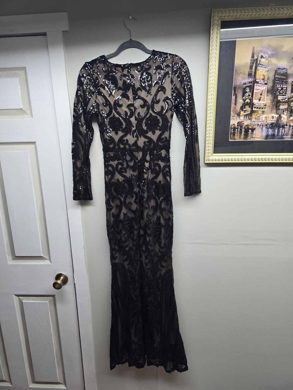 Black Sequin Long Sleeve Lace Evening Gown